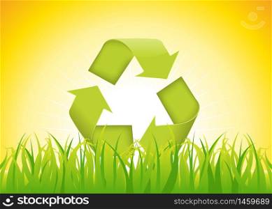 Illustration of the recyclable eco symbol on a summer backgrounds, with grass and flashy sunlight. Recyclable Symbol