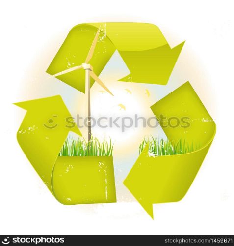 Illustration of the recyclable eco symbol with strong symbolic elements like windmills, birds, trees and grass. Grunge Recyclable Symbol