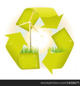 Illustration of the recyclable eco symbol with strong symbolic elements like windmills, birds, trees and grass. Grunge Recyclable Symbol