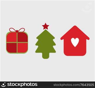 Illustration of thee icons, symbols of Christmas season. Christmas tree, gift package and home family with love. Isolated on background