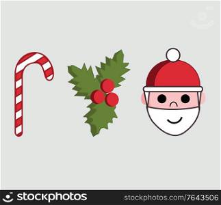 Illustration of three icons or symbols of Christmas Season. Red and white candy cane, holly christmas and Santa Claus head. Isolated on background