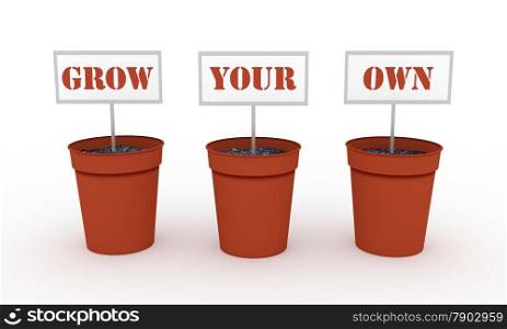 "Illustration of three plant pots each with a sign that together say "Grow Your Own""