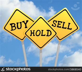Illustration of three road signs with buy hold and sell text