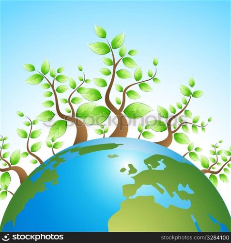 illustration of trees around globe