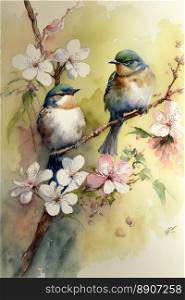 Illustration of two little little birds on a flowering almond branch. Spring time. Generative AI