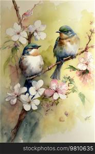 Illustration of two little little birds on a flowering almond branch. Spring time. Generative AI
