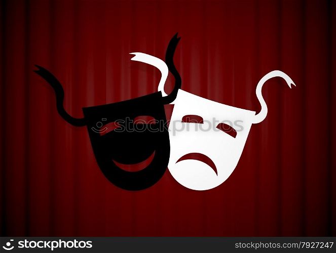 Illustration of two masks in front of a red curtain