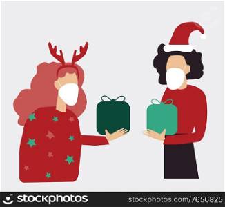 Illustration of two people sharing Christmas gifts with face mask protecting of covid-19. Christmas celebration with coronavirus pandemic. 