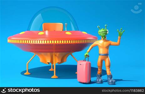 Illustration of UFO and green alien on blue background. 3D illustration. Illustration of UFO and green alien on blue background
