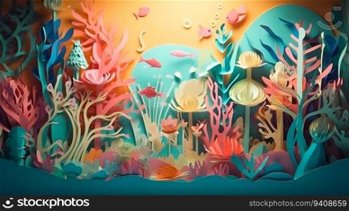 Illustration of underwater scene with coral reef and fish. paper cut and craft style illustration.. Illustration of underwater scene with coral reef and fish. paper cut and craft style illustration