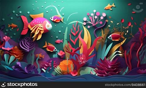 Illustration of underwater scene with coral reef and fish. paper cut and craft style illustration.. Illustration of underwater scene with coral reef and fish. paper cut and craft style illustration