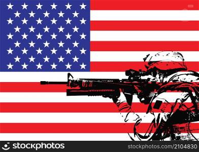 Illustration of US marine in front of the USA flag. Illustration of US marine