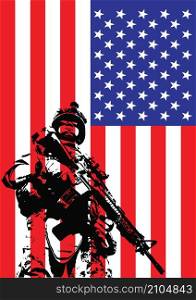 Illustration of US marine in front of the USA flag. Illustration of US marine