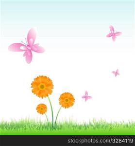 illustration of vector flowers with butterflies flying around