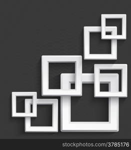 Illustration of white 3d square frames overlapping with realistic long shadow on dark gray background