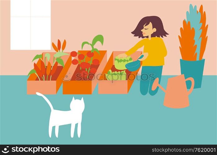 Illustration of woman cultivating organic and fresh vegetables in a urban food garden - Sustainability and Veganism