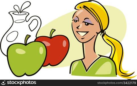 illustration of woman with apples and milk