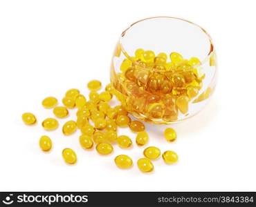 Illustration of yellow fish oil capsules in glass bowl with clipping path&#xA;