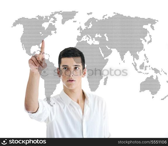 illustration of young business man planing and solving problems with illustrated graph disply screen for database and statistycs