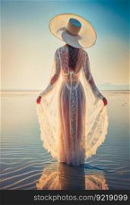 Illustration of Young woman wearing white dress and hat standing on the beach.  elegant woman in white dress.  Generative AI
