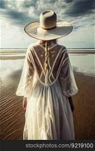 Illustration of Young woman wearing white dress and hat standing on the beach.  elegant woman in white dress.  Generative AI 