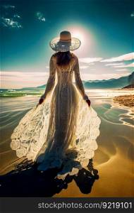 Illustration of Young woman wearing white dress and hat standing on the beach.  elegant woman in white dress.  Generative AI

