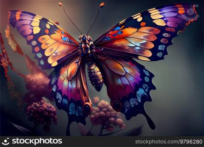 Illustration ofopen colorful exotic batterfly over flowers. Illustration of batterfly