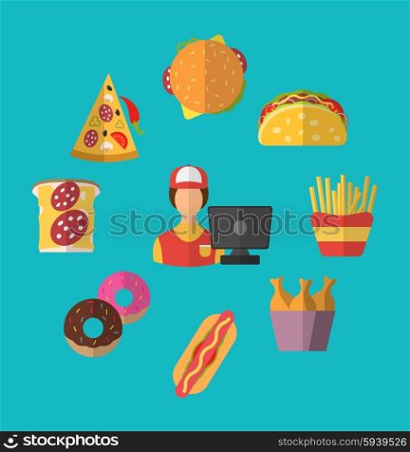 Illustration Set Fast Food Flat Icons with Cashier Seller - Vector