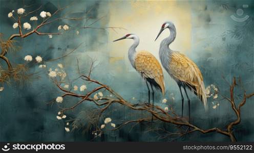 Illustration two birds cranes on a green background