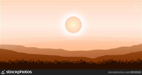 illustration Vector design background with hot summer landscape on mountains, forest.