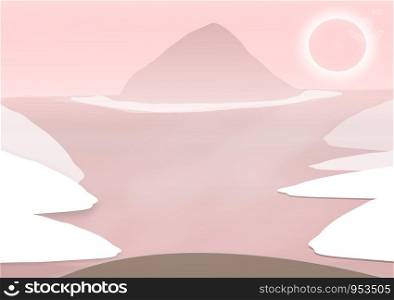 illustration Vector design background with hot summer landscape on mountains Pink style, forest.