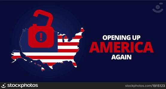 Illustration vector graphic of United States map with padlock symbol inside. Flag map of United States of America on dark blue background. Opening up America Again and reopening economies concepts.