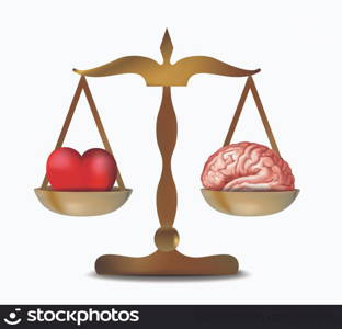 Illustration with 3d heart and brain on isolated balance