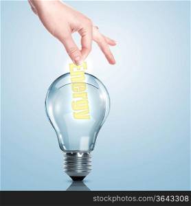 Illustration with a hand putting a word into a bulb