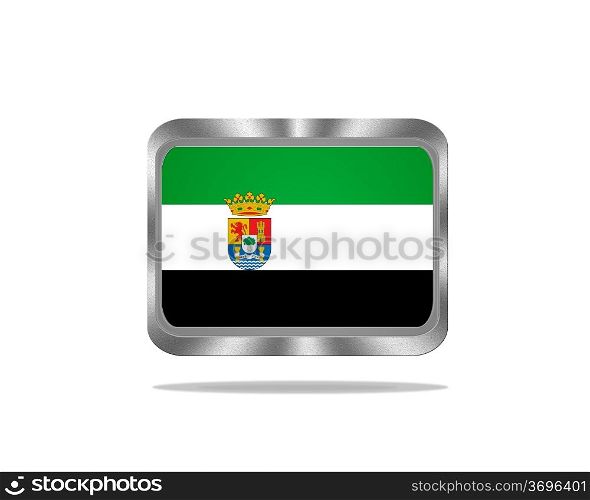 Illustration with a metal Extremadura flag on white background.