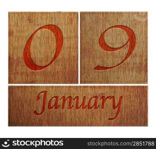Illustration with a wooden calendar January 9.