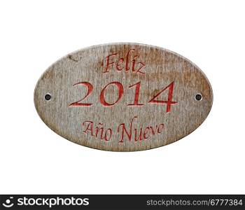 Illustration with a wooden sign of Happy 2014.