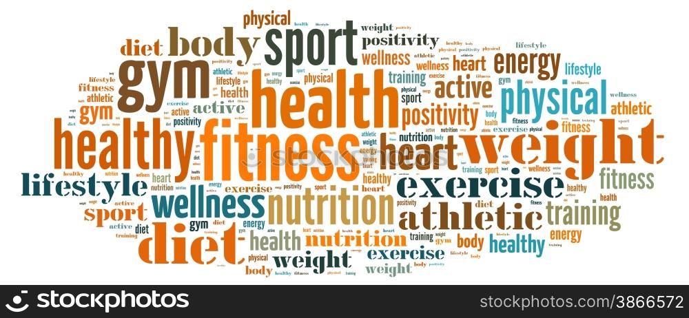 Illustration with a word cloud related to fitness.