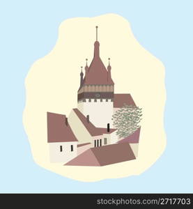 Illustration with castel in a small old village