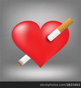 Illustration with cigarette and heart on grey background. Graphic Design Useful For Your Design.Red heart pierced by burning sigarette.