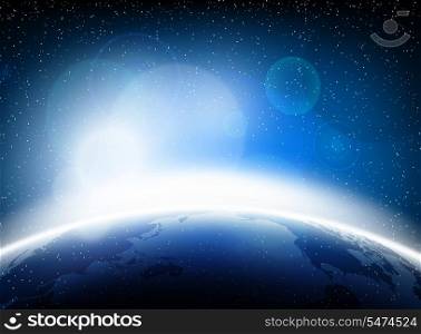 Illustration with Earth in space, light rays and stars