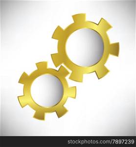 Illustration with gold gears isolated on white background. Gear collection. Set of gold gear wheels. Yellow cogs useful for your design.
