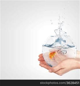 Illustration with goldfish in aquarium on white background