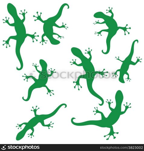 illustration with green silhouettes of salamander on white background
