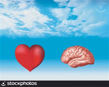 Illustration with isolated 3d brain and 3d heart on nubes background
