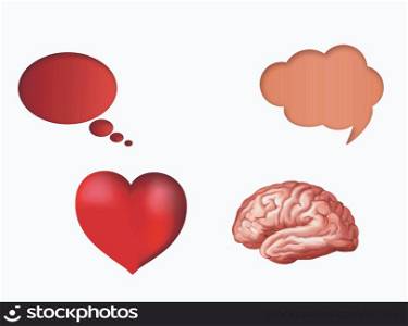 Illustration with isolated 3d heart and 3d brain with nubes