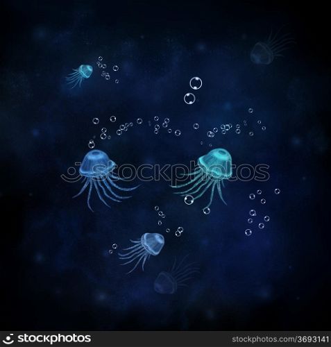 Illustration with jellyfish and sea in dark colors.