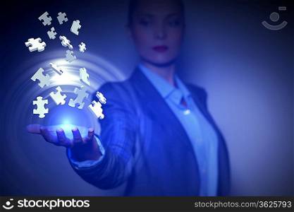 Illustration with jigsaw puzzle pieces flying and business person