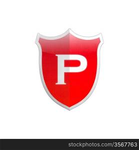 Illustration with letter P secure shield on white background.