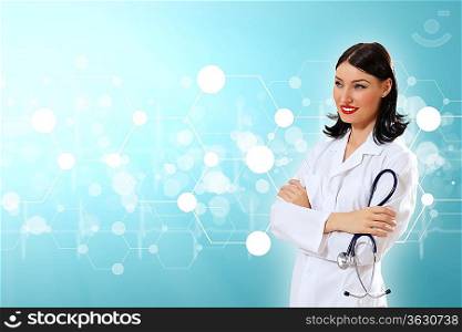 Illustration with medical background having heart beat, doctor and stethoscope
